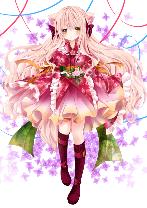 animal_ears bad_id bad_pixiv_id bangs blonde_hair boots bow cat_ears closed_mouth cross-laced_footwear eyebrows_visible_through_hair floral_background floral_print flower frilled_kimono frilled_sleeves frills full_body hair_between_eyes hair_bow head_tilt japanese_clothes kimono knee_boots lace-up_boots long_hair long_sleeves looking_at_viewer nanase_kureha nanase_nao obi orange_ribbon original print_kimono purple_bow purple_flower purple_footwear purple_ribbon red_kimono ribbon sash solo standing standing_on_one_leg very_long_hair white_background wide_sleeves yellow_eyes