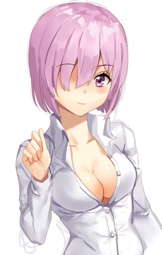 blush breasts cleavage collarbone fate/grand_order fate_(series) hair_over_one_eye large_breasts light_smile looking_at_viewer mash_kyrielight open_clothes purple_eyes purple_hair shirt short_hair shovelwell simple_background solo white_background white_shirt
