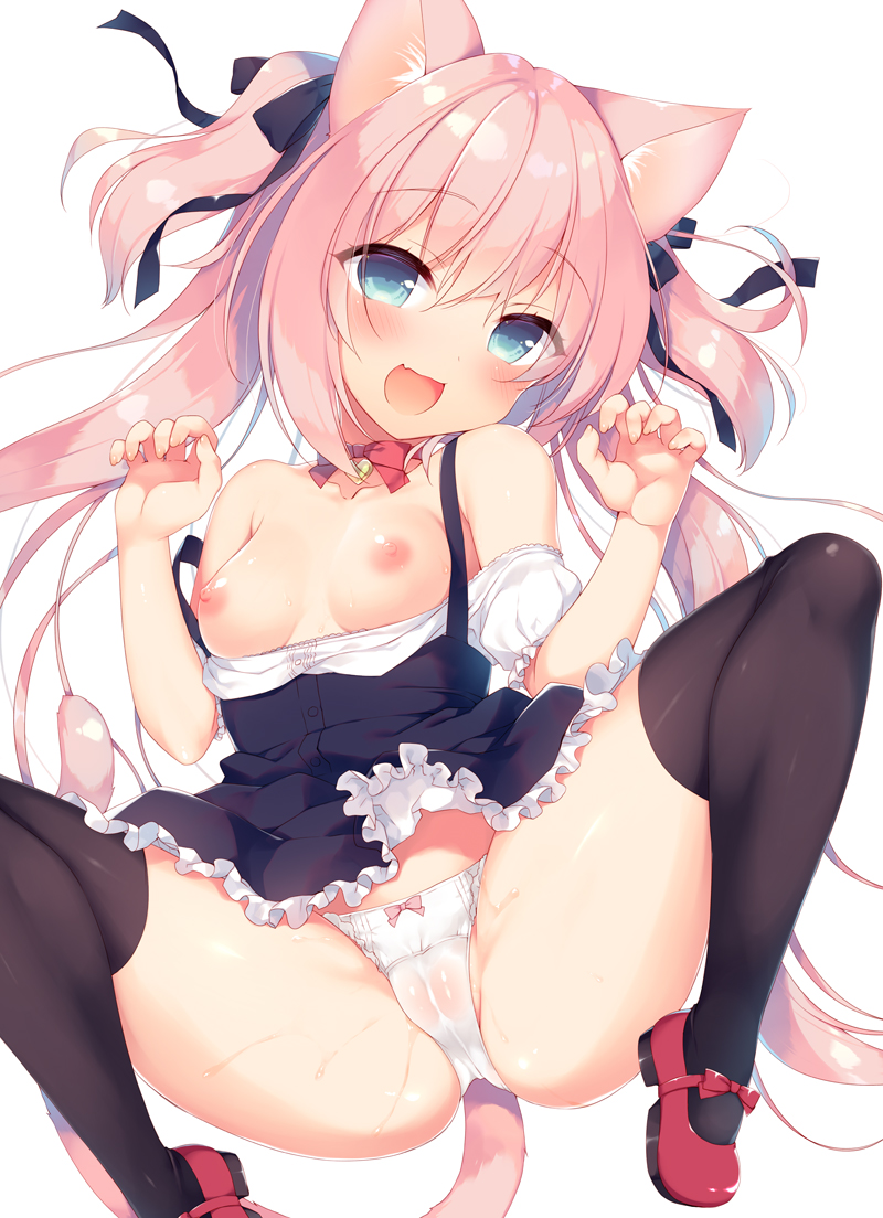 :d animal_ears bare_shoulders black_legwear blue_eyes blush bow bow_panties breasts cameltoe cat_ears cat_tail choker claw_pose dress dress_lift eyebrows_visible_through_hair fang frill_trim hair_ribbon head_tilt looking_at_viewer mary_janes nipples off-shoulder_shirt open_mouth original panties pink_hair ribbon ribbon_choker sazaki_ichiri shirt shirt_pull shoes simple_background small_breasts smile solo spread_legs strap_slip sweat tail thighhighs two_side_up underwear white_background white_panties
