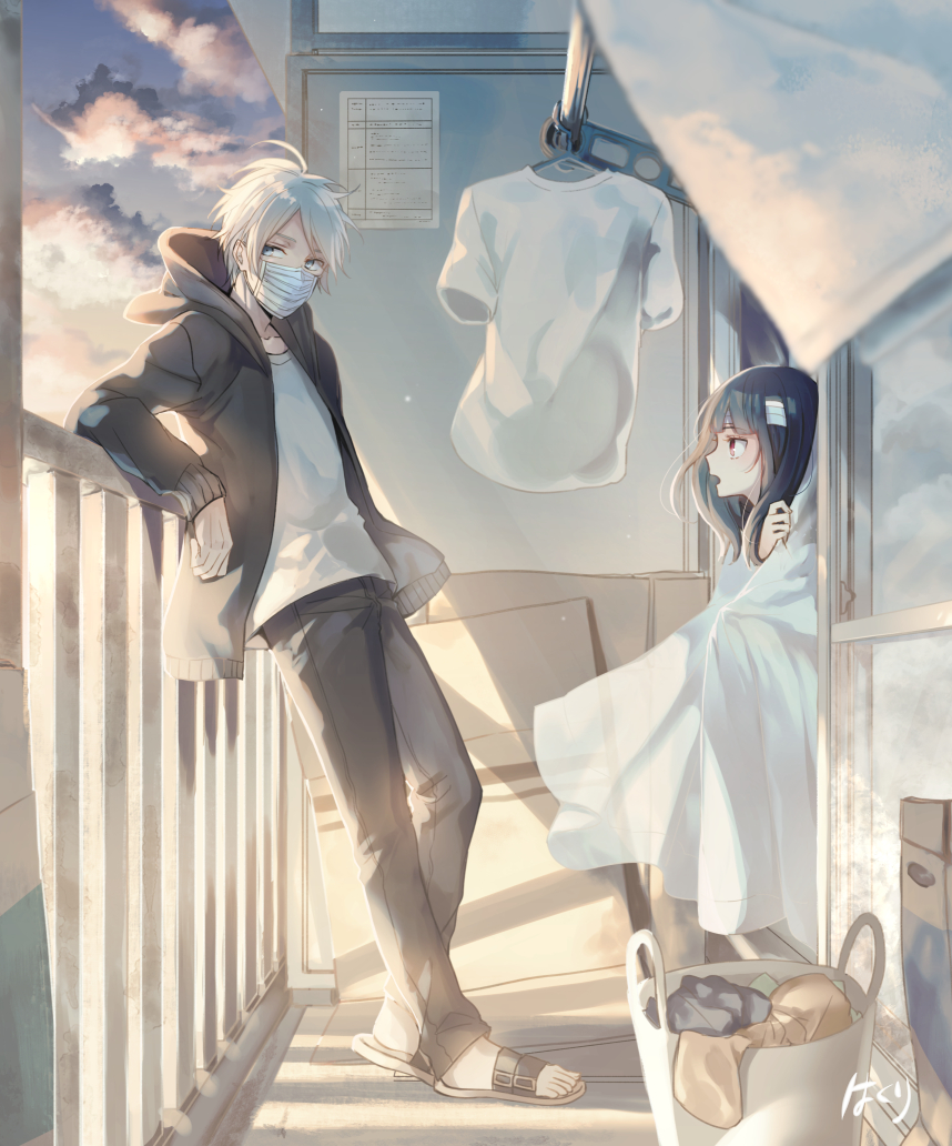 1girl ahoge arm_support balcony bandaged_head bandages bangs black_hair blue_sky blunt_bangs cardbox clothes_hanger commentary_request covering curtains day gradient_sky hakuri hood hoodie laundry laundry_basket laundry_pole leaning_on_rail looking_at_another looking_away looking_back mask official_art onii-san_(sachi-iro_no_one_room) open_clothes open_hoodie open_mouth pants profile railing red_eyes sachi-iro_no_one_room sachi_(sachi-iro_no_one_room) sandals shirt signature silver_sky sky sliding_doors squatting standing sunlight surgical_mask t-shirt white_eyes white_hair white_shirt window_shade wrapped_up