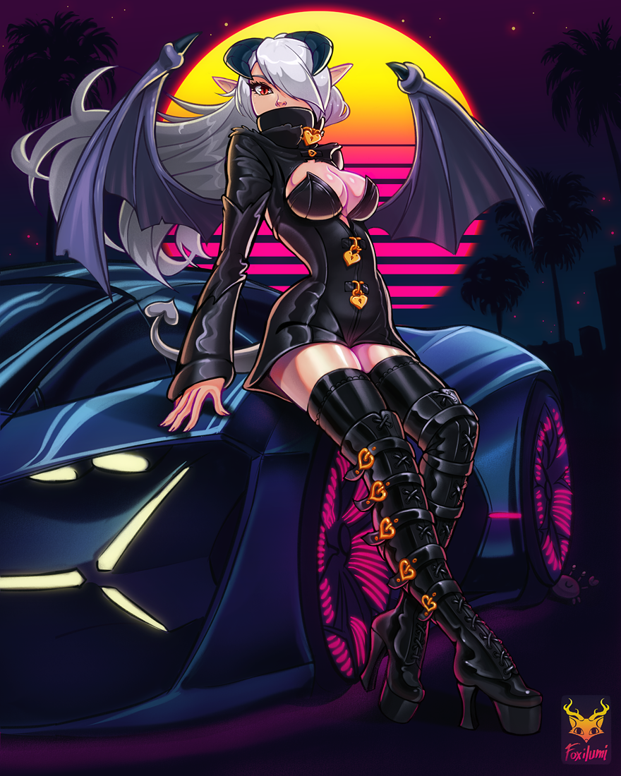 artist_name bangs belt_boots black_dress black_footwear black_jacket boots breasts car cleavage_cutout covered_mouth cross-laced_footwear demon_girl demon_horns demon_tail demon_wings dress foxilumi full_moon ground_vehicle hair_over_one_eye heart-shaped_lock high_heel_boots high_heels horns ilassa_(elh) jacket knee_boots lace-up_boots lamborghini leaning_back lilim_(monster_girl_encyclopedia) long_sleeves looking_at_viewer medium_breasts monster_girl_encyclopedia moon motor_vehicle night one_eye_covered original outdoors palm_tree platform_boots platform_footwear platform_heels red_eyes short_dress silver_hair sky skyline slit_pupils solo spread_wings star_(sky) starry_sky tail thigh_boots thighhighs tree vaporwave wings zettai_ryouiki
