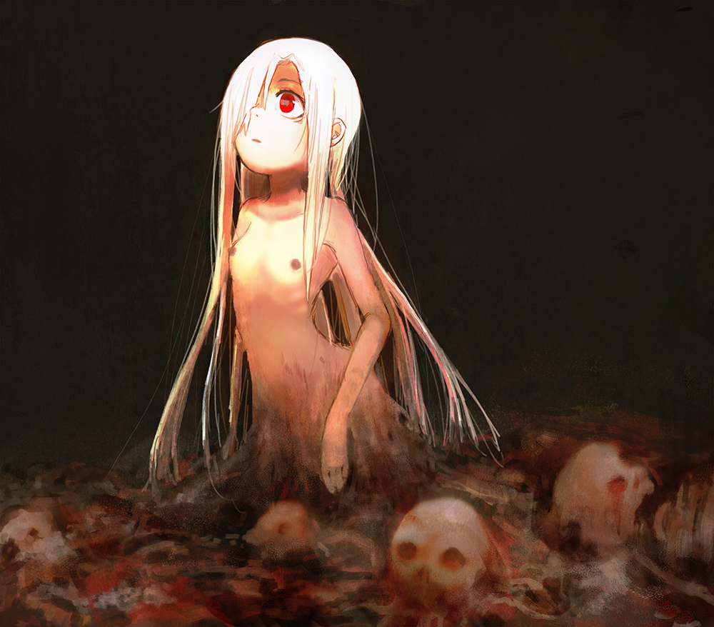 1girl blood bone female guro hair_over_one_eye kareido_(kaleidoscope) long_hair nipples original red_eyes skull small_breasts solo white_hair