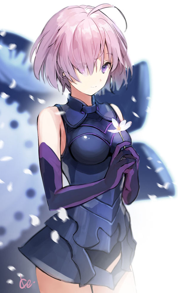 ahoge armor armored_dress bare_shoulders black_dress black_gloves blurry breasts closed_mouth cowboy_shot depth_of_field dress elbow_gloves eyes_visible_through_hair fate/grand_order fate_(series) flower gloves hair_over_one_eye holding holding_flower ice_(ice_aptx) looking_at_viewer mash_kyrielight medium_breasts pink_hair purple_eyes short_hair signature simple_background sleeveless sleeveless_dress smile solo standing tareme white_background