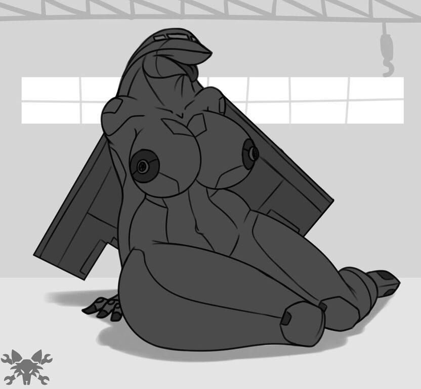 aircraft airplane anthro areola b2_spirit big_breasts bomber breasts female living_aircraft living_machine machine metalfoxxx monochrome navel nipples sitting solo thick_thighs tongue tongue_out