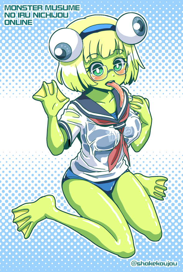 anura_(monster_musume) blush breasts copyright_name frog_girl full_body glasses green_eyes green_hair green_skin headband long_tongue looking_at_viewer medium_breasts monster_girl monster_musume_no_iru_nichijou monster_musume_no_iru_nichijou_online one-piece_swimsuit sailor_collar scarf school_swimsuit shake-o shirt short_hair sitting solo swimsuit swimsuit_under_clothes tongue twitter_username wariza waving webbed_feet webbed_hands wet wet_clothes wet_shirt