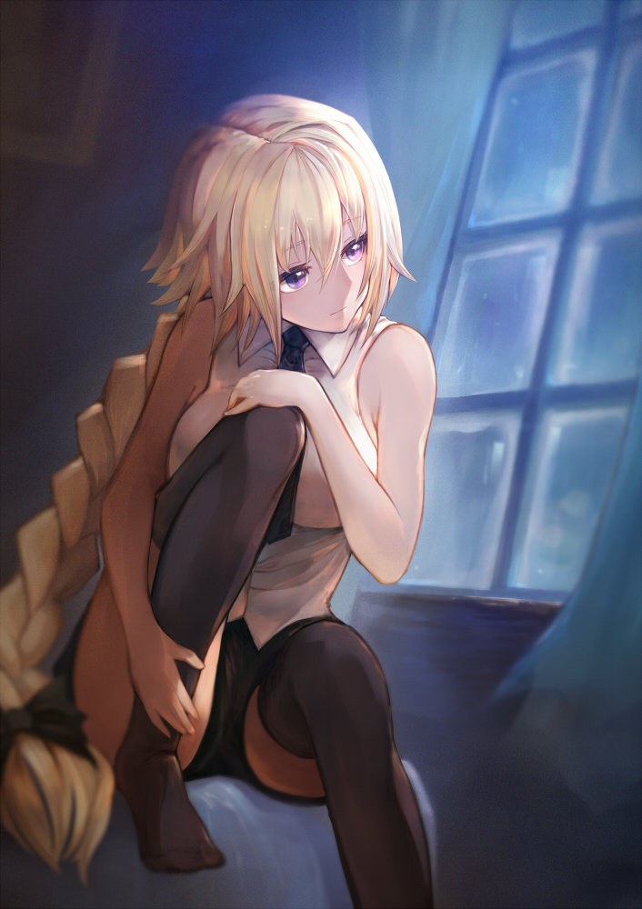 bangs bare_arms bare_shoulders black_bow black_neckwear black_shorts blonde_hair blurry bow braid breasts closed_mouth collared_shirt depth_of_field eyebrows_visible_through_hair fate/apocrypha fate_(series) foreshortening hair_between_eyes hair_bow indoors jeanne_d'arc_(fate) jeanne_d'arc_(fate)_(all) knee_up long_hair medium_breasts necktie night no_shoes on_bed purple_eyes sad shirt shorts single_braid sitting sleeveless sleeveless_shirt solo teko very_long_hair white_shirt window