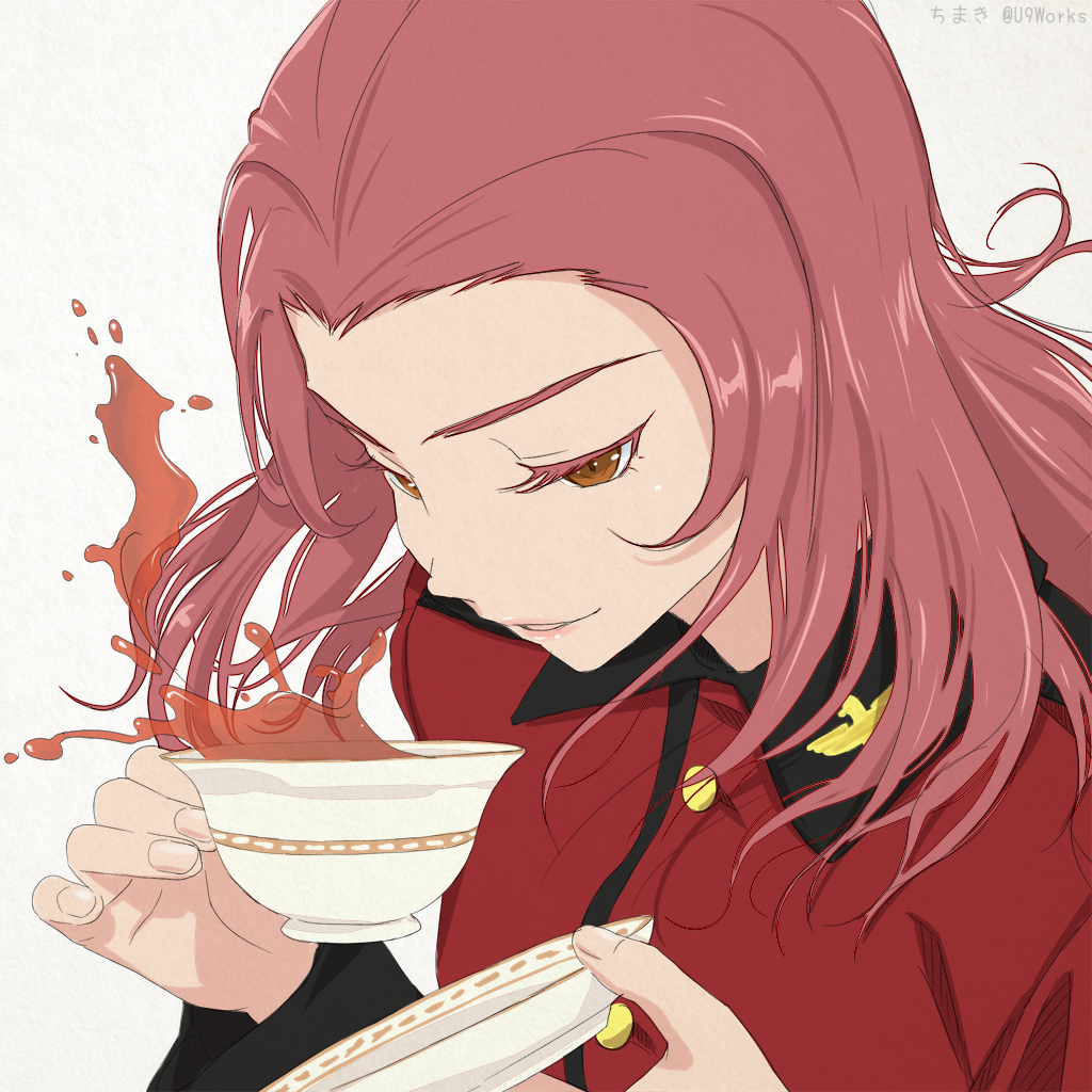 akagi_(fmttps) bad_id bad_twitter_id brown_eyes colored_eyelashes cup dutch_angle girls_und_panzer lips long_hair pink_hair pink_lips rosehip saucer sketch solo st._gloriana's_military_uniform tea teacup white_background