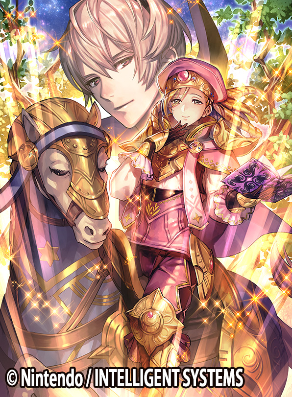 beret blonde_hair book boots brynhildr_(tome) cape copyright_name drill_hair father_and_son fire_emblem fire_emblem_cipher fire_emblem_if foleo_(fire_emblem_if) furikawa_arika gloves hairband hat horse leaf leon_(fire_emblem_if) long_hair multiple_boys official_art otoko_no_ko sparkle star_(sky) tree