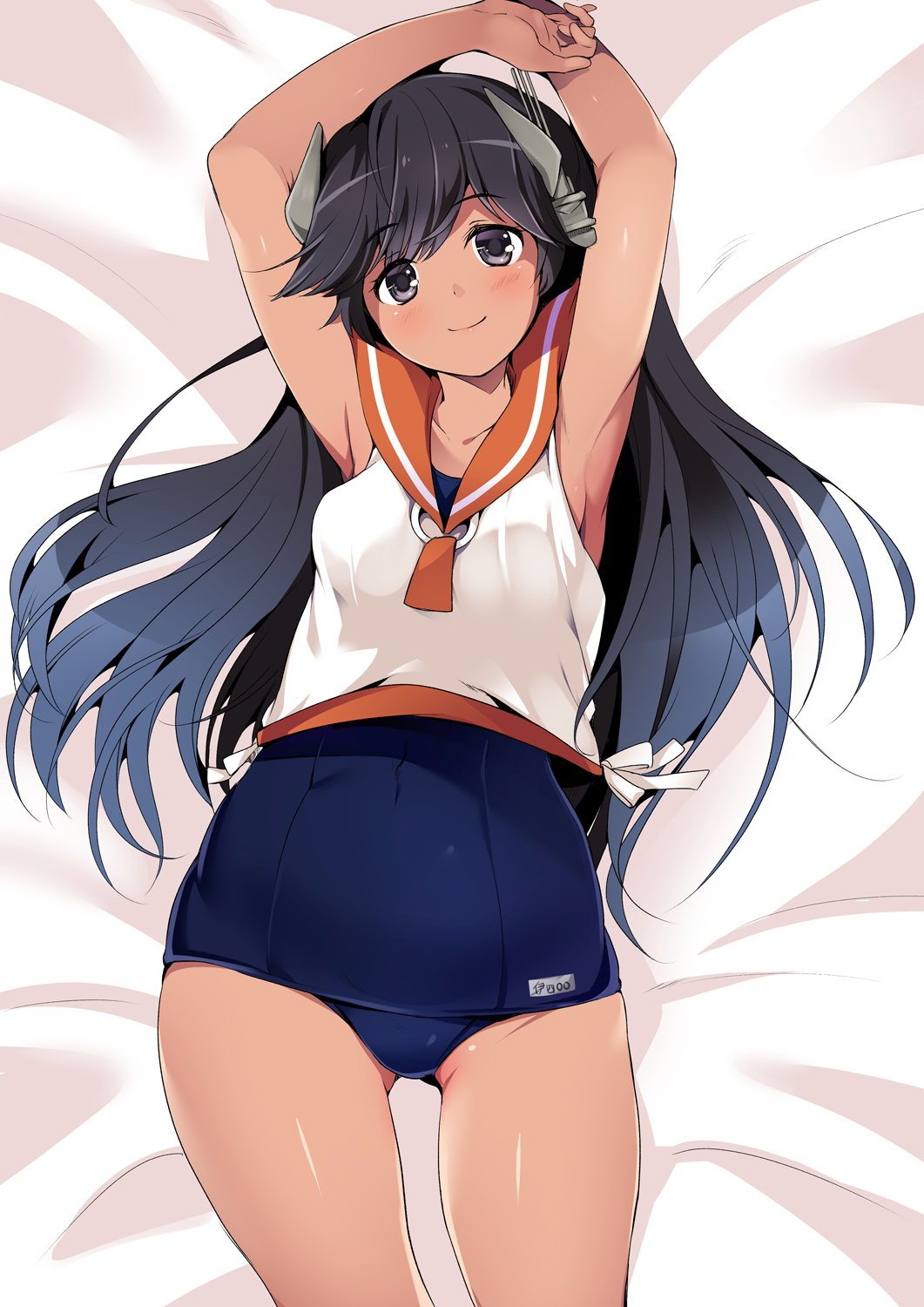armpits bed_sheet black_eyes black_hair breasts highres i-400_(kantai_collection) kantai_collection long_hair md5_mismatch old_school_swimsuit one-piece_swimsuit orange_sailor_collar ruri_rarako sailor_collar sailor_shirt school_swimsuit shirt sleeveless sleeveless_shirt small_breasts solo swimsuit swimsuit_under_clothes