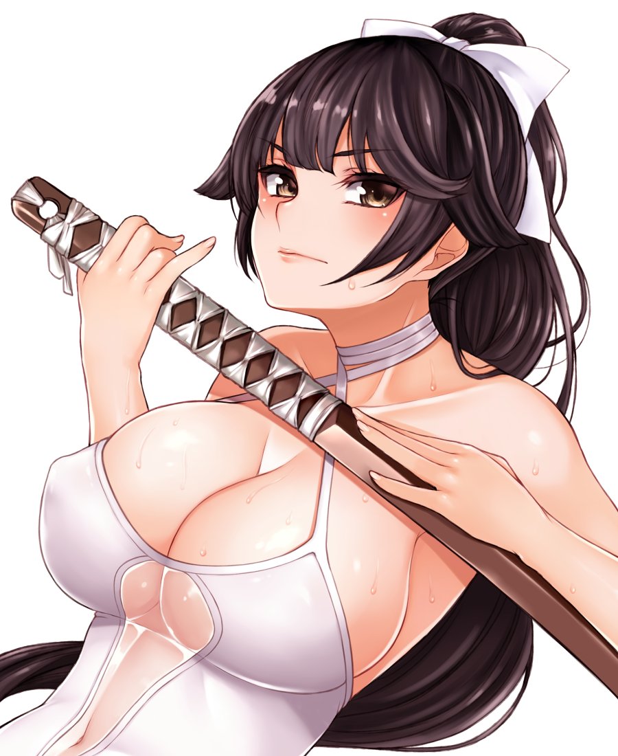 azur_lane bangs bare_arms bare_shoulders blunt_bangs blush bow breasts brown_eyes cleavage closed_mouth cocq_taichou dutch_angle eyebrows_visible_through_hair hair_bow hair_flaps holding holding_sword holding_weapon katana large_breasts long_hair looking_at_viewer navel one-piece_swimsuit ponytail sheath solo sweat swimsuit sword takao_(azur_lane) upper_body v-shaped_eyebrows weapon white_background white_bow white_swimsuit