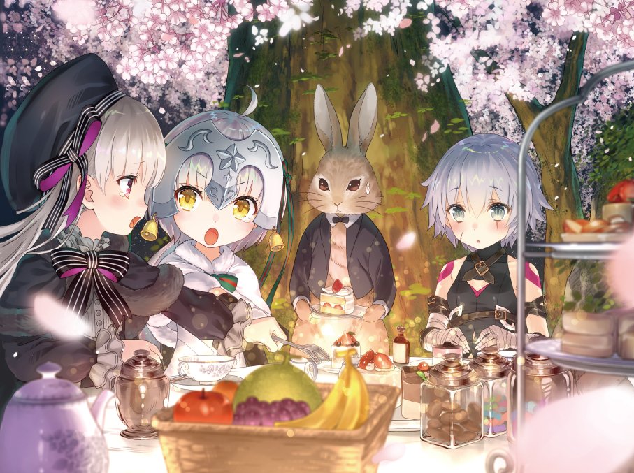 :o ahoge animal apple arm_belt banana bandaged_arm bandages bangs bare_shoulders basket bell belt black_bodysuit black_bow black_capelet black_dress black_hat black_jacket black_ribbon blue_eyes blurry blurry_foreground blush bodysuit bottle bow brown_belt bunny cake cantaloupe capelet cherry_blossoms clothed_animal commentary_request cup depth_of_field dress eyebrows_visible_through_hair facial_scar fate/extra fate/grand_order fate_(series) food fork fruit fur-trimmed_capelet fur_trim grapes hair_between_eyes hat headpiece holding holding_fork holding_plate jack_the_ripper_(fate/apocrypha) jacket jeanne_d'arc_(fate)_(all) jeanne_d'arc_alter_santa_lily long_hair long_sleeves looking_at_another multiple_girls nursery_rhyme_(fate/extra) open_mouth outdoors outstretched_arm parted_lips petals plate puffy_long_sleeves puffy_sleeves purple_eyes red_apple ribbon saucer scar scar_across_eye scar_on_cheek short_hair shoulder_tattoo silver_hair sleeveless slice_of_cake slit_pupils strawberry_shortcake striped striped_bow striped_ribbon sweat table tattoo teacup teapot tears tiered_tray tree v-shaped_eyebrows white_capelet white_dress yasuyuki yellow_eyes