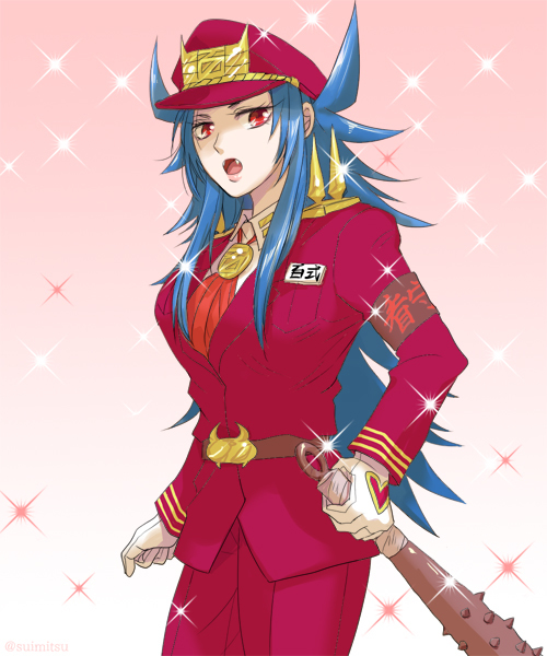 1girl armband belt blue_hair breasts cowboy_shot fangs female gloves gradient_background hat heart hyakushiki_momoko large_breasts long_hair looking_at_viewer medallion nanbaka open_mouth payot pink_background red_eyes shiny simple_background solo sparkle spiked_club spiked_hair spikes suit uniform weapon white_background