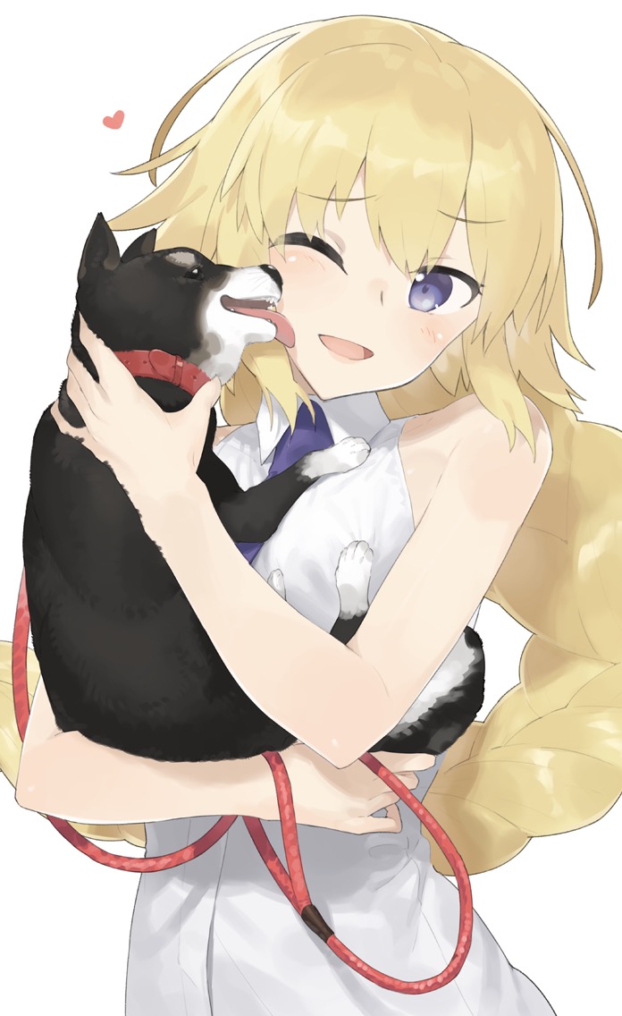 blonde_hair blush collar commentary_request dog dog_collar fate/apocrypha fate/grand_order fate_(series) hayashi_kewi holding jeanne_d'arc_(fate) jeanne_d'arc_(fate)_(all) leash licking long_hair necktie open_mouth purple_eyes shirt sleeveless sleeveless_shirt solo very_long_hair