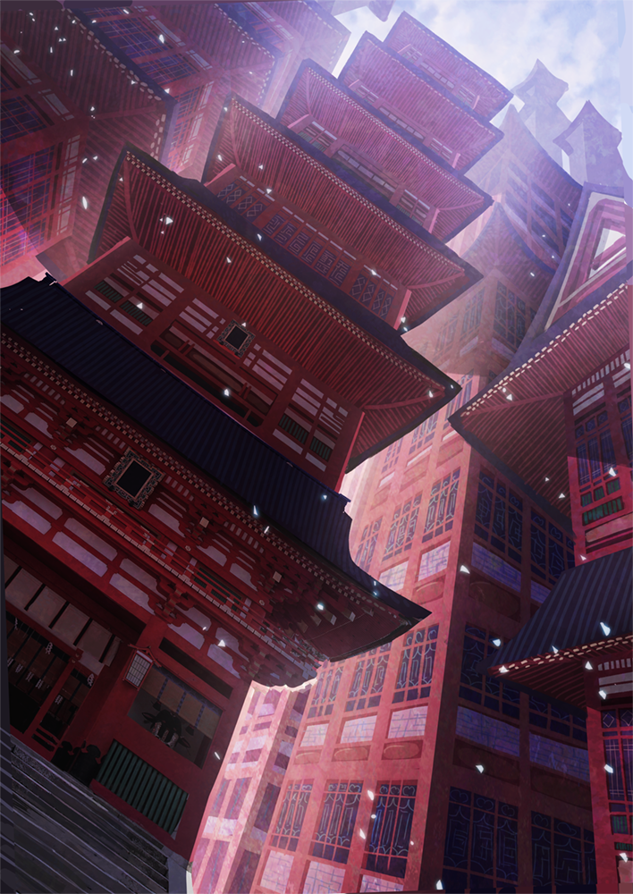 city cloud day east_asian_architecture no_humans original outdoors pagoda petals scenery someya_mai stairs
