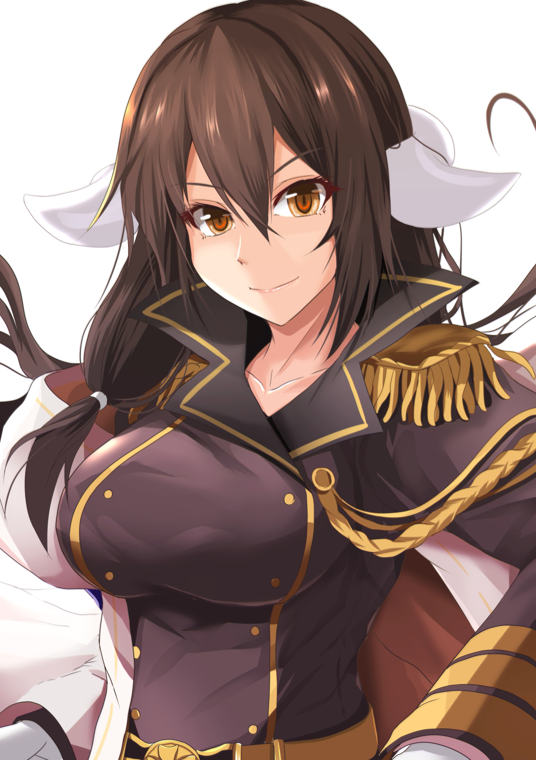 aiguillette azur_lane bangs belt breasts brown_eyes brown_hair cape closed_mouth coat collarbone commentary_request epaulettes hair_between_eyes highres horns kanzaki_kureha large_breasts lips long_hair long_sleeves looking_at_viewer low-tied_long_hair mikasa_(azur_lane) military military_uniform open_clothes open_coat simple_background smile solo tsurime uniform upper_body v-shaped_eyebrows white_background white_coat