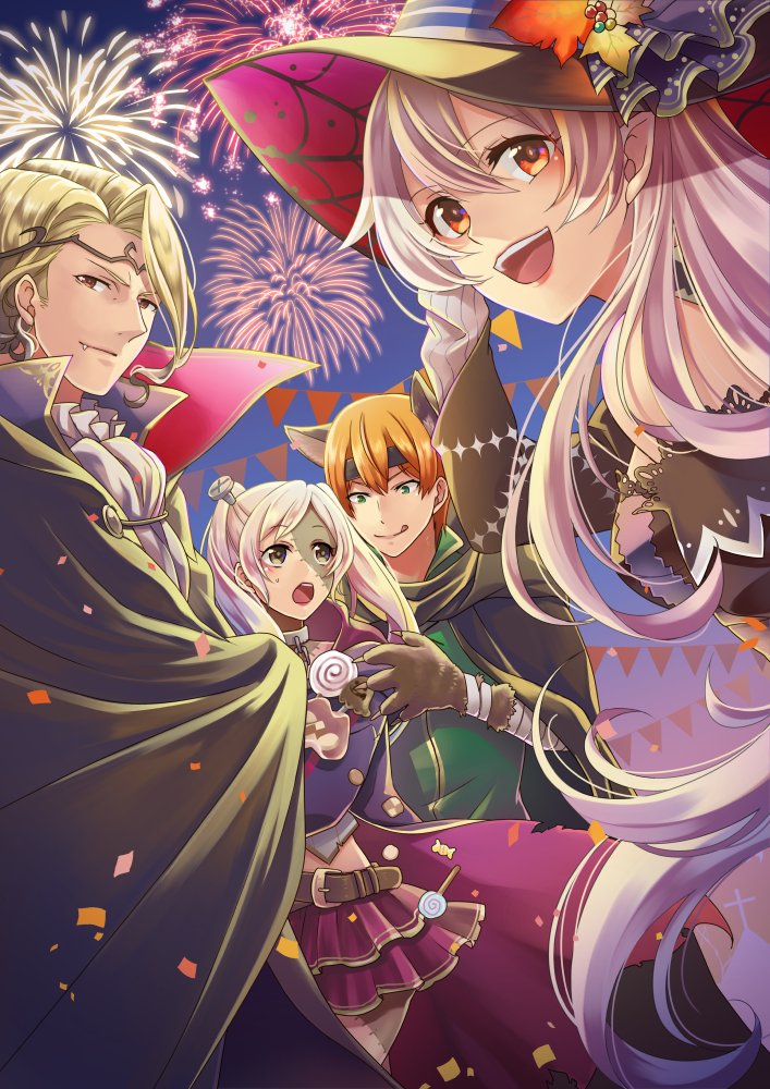 2girls ass blonde_hair candy cape female_my_unit_(fire_emblem:_kakusei) female_my_unit_(fire_emblem_if) fire_emblem fire_emblem:_kakusei fire_emblem_heroes fire_emblem_if food gaia_(fire_emblem) green_eyes hair_between_eyes hairband halloween hat headband kaboplus_ko long_hair mamkute marks_(fire_emblem_if) multiple_boys multiple_girls my_unit_(fire_emblem:_kakusei) my_unit_(fire_emblem_if) orange_hair pointy_ears red_eyes scar short_hair smile twintails white_hair witch yellow_eyes zombie