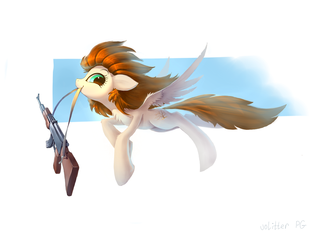 ak-47 assault_rifle blue_eyes brown_hair cutie_mark digital_media_(artwork) equine fan_character feathered_wings feathers feral gun hair holding_object holding_weapon hooves mammal my_little_pony pegasus ramiras ranged_weapon rifle simple_background smile solo weapon white_feathers wings