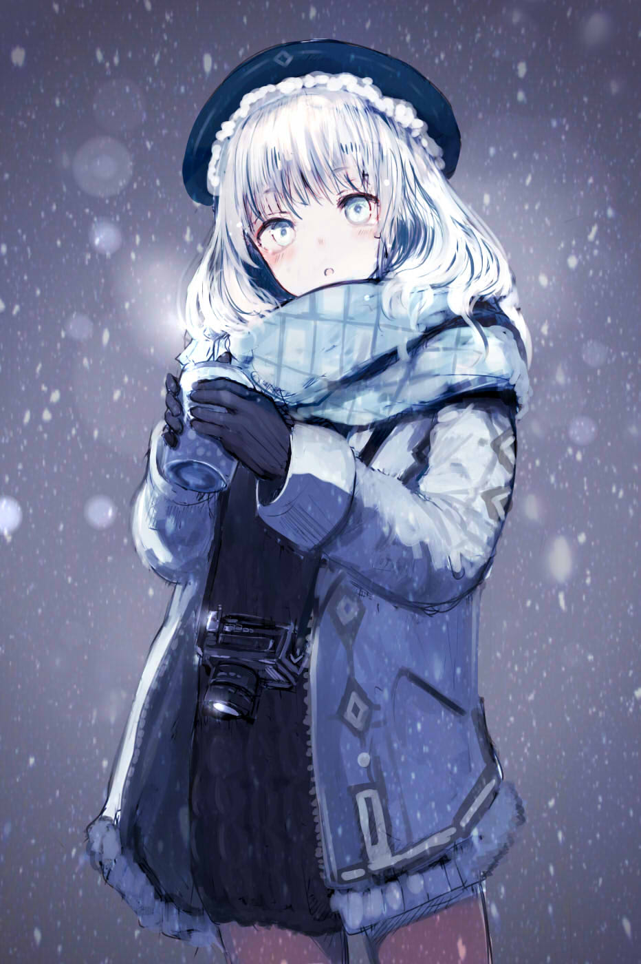 :o bangs black_gloves camera commentary_request cowboy_shot cup gloves hat highres holding holding_cup long_sleeves looking_at_viewer original outdoors pantyhose scarf shiabisu silver_eyes silver_hair snowing solo sweater unzipped winter winter_clothes