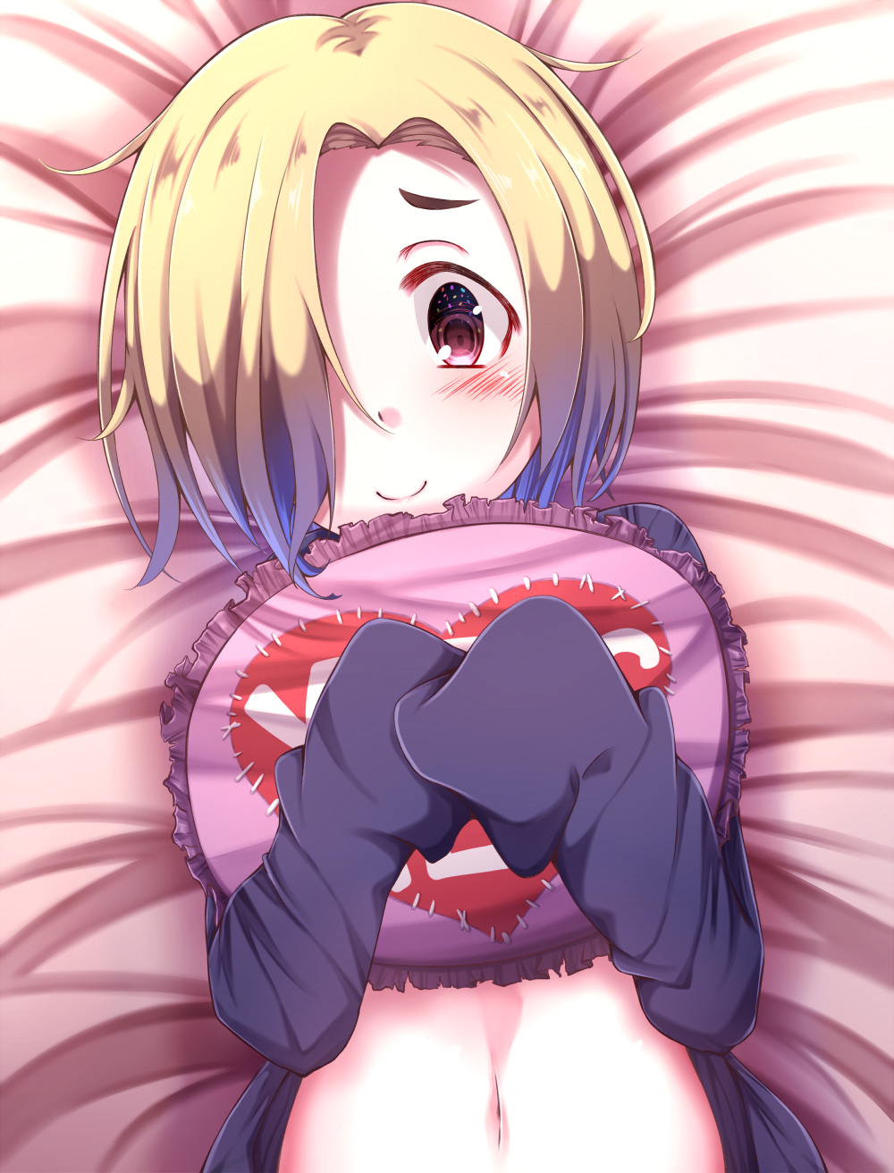 bed blonde_hair blush commentary_request hair_over_one_eye highres idolmaster idolmaster_cinderella_girls looking_at_viewer lying midriff navel red_eyes shirasaka_koume shirt_lift short_hair sleeves_past_wrists smile solo sumioo_(sumikko_no_ousama) yes yes-no_pillow