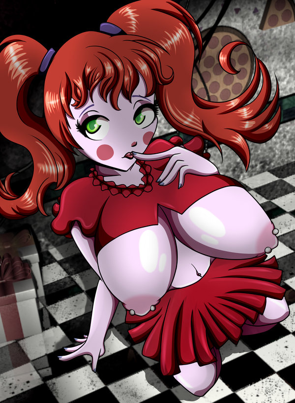 1girl areolae arm_support baby_(fnaf) blush_stickers breasts breasts_outside clown female finger_to_mouth five_nights_at_freddy's five_nights_at_freddy's:_sister_location gift green_eyes kneeling large_breasts long_hair looking_at_viewer looking_up nipple_piercing nipple_rings nipples orange_hair skirt solo twintails white_skin