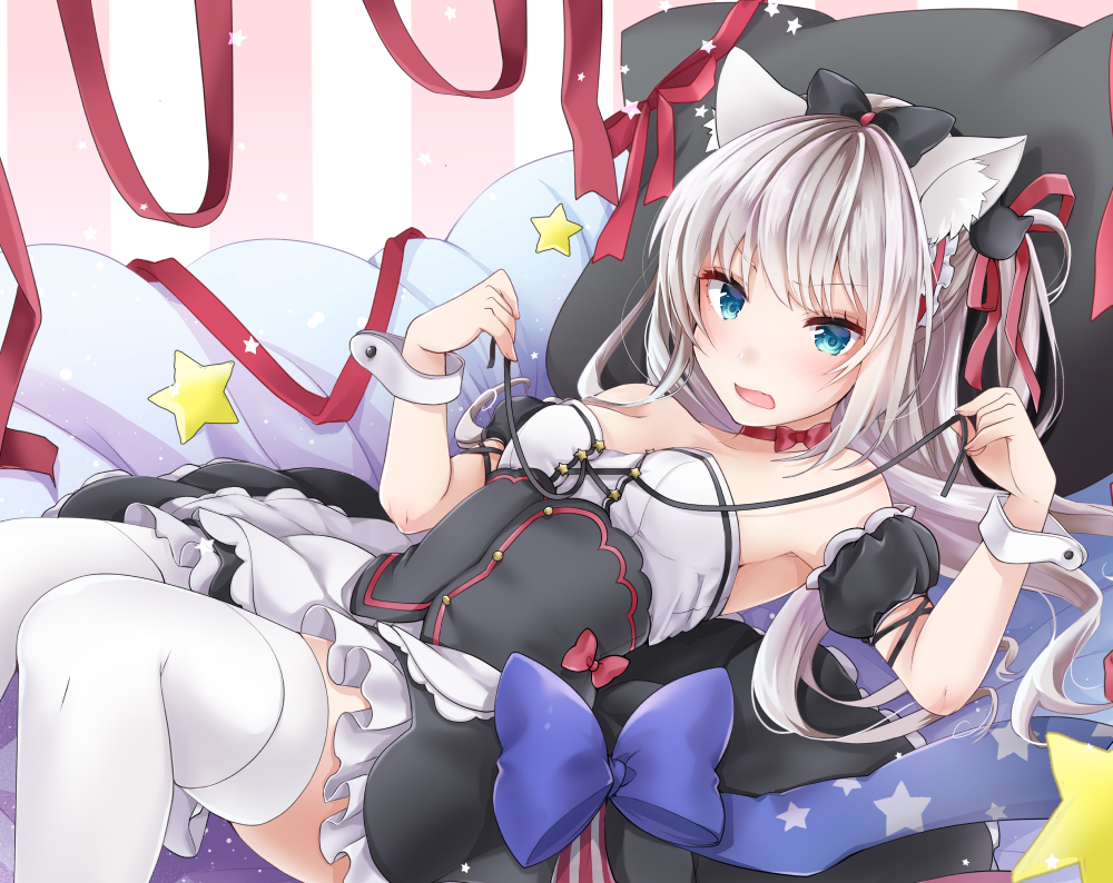 akatsuki_hijiri azur_lane bangs bare_shoulders black_bow black_dress blue_eyes bow breasts commentary_request corset dress eyebrows_visible_through_hair hair_bow hammann_(azur_lane) long_hair looking_at_viewer lying on_back open_mouth red_ribbon remodel_(azur_lane) ribbon silver_hair small_breasts solo striped striped_background thighhighs tsurime white_legwear wrist_cuffs