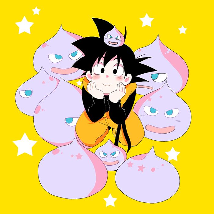 black_eyes black_hair blush blush_stickers dragon_ball dragon_ball_z hands_on_own_chin happy kneeling looking_at_viewer looking_up male_focus rochiko_(bgl6751010) simple_background smile son_goten star yellow_background
