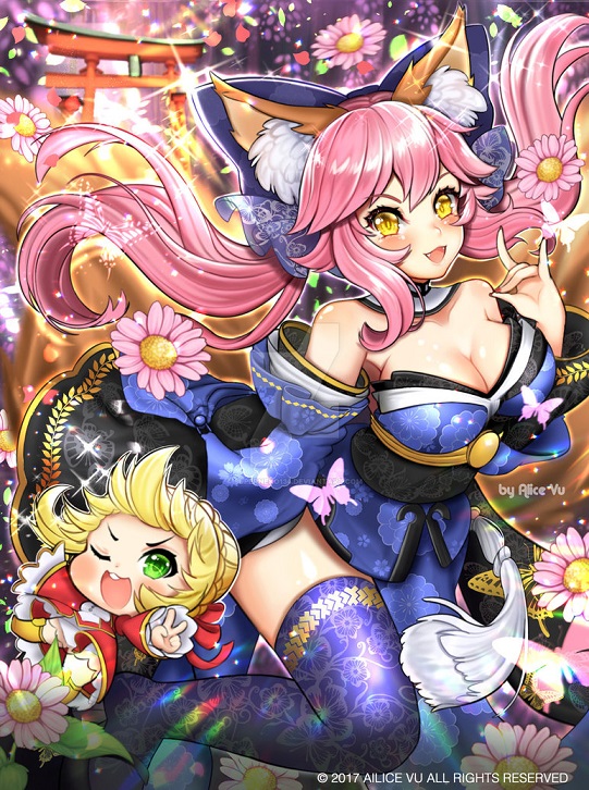 2girls ahoge alice_vu animal_ears bare_shoulders blonde_hair blue_legwear blush breasts bug butterfly chibi cleavage collarbone detached_sleeves dress epaulettes fangs fate/extra fate/extra_ccc fate/grand_order fate_(series) floral_print flower fox_ears fox_shadow_puppet fox_tail green_eyes hair_intakes hair_ribbon insect large_breasts lock looking_at_viewer multiple_girls multiple_tails nail_polish nero_claudius_(fate) nero_claudius_(fate)_(all) open_mouth padlock pink_hair red_dress ribbon tail tamamo_(fate)_(all) tamamo_no_mae_(fate) thighhighs type-moon veil yellow_eyes