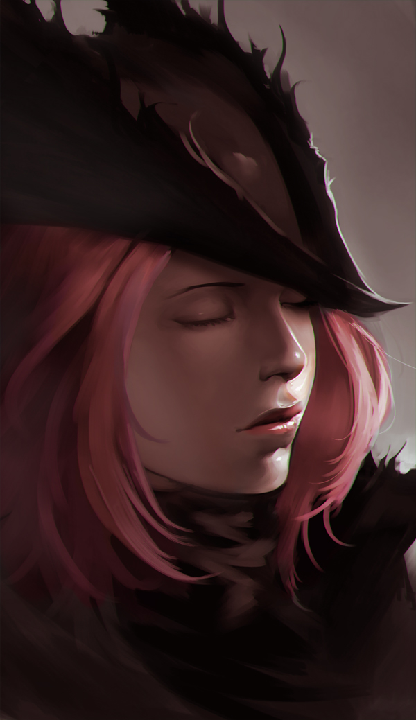 bloodborne closed_eyes commentary_request eyebrows eyelashes face hat hunter_(bloodborne) phamoz pink_hair pink_lips realistic shiny shiny_skin solo