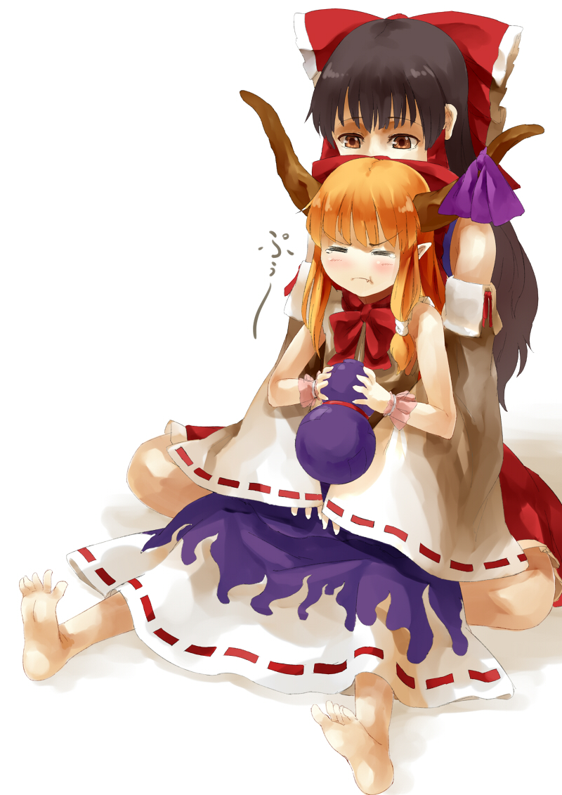 bangs bare_shoulders barefoot blush bow brown_eyes brown_hair closed_eyes commentary_request detached_sleeves facing_viewer fangs frilled_skirt frills gourd hair_bow hair_tubes hakurei_reimu holding horn_ribbon horns hug hug_from_behind ibuki_suika long_hair looking_at_another multiple_girls nishiuri orange_hair pointy_ears purple_ribbon purple_skirt red_bow red_skirt ribbon ribbon-trimmed_clothes ribbon-trimmed_sleeves ribbon_trim shadow shirt sidelocks sitting skirt soles toes touhou white_background white_shirt white_sleeves