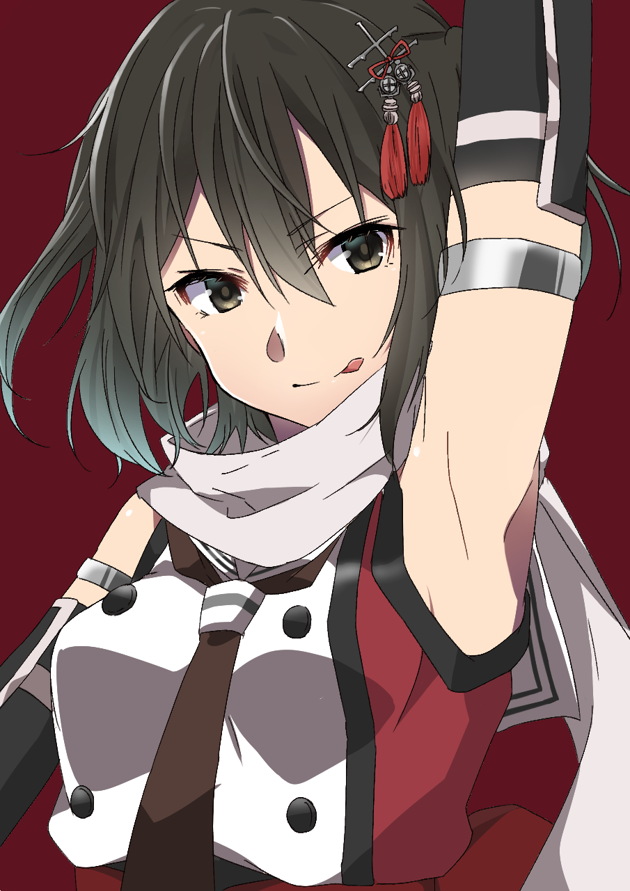 armpits black_gloves brown_eyes brown_hair double-breasted elbow_gloves gloves hair_ornament highres kantai_collection looking_at_viewer red_background remodel_(kantai_collection) rinto_(rint_rnt) scarf school_uniform sendai_(kantai_collection) serafuku short_hair simple_background smile solo two_side_up upper_body white_scarf