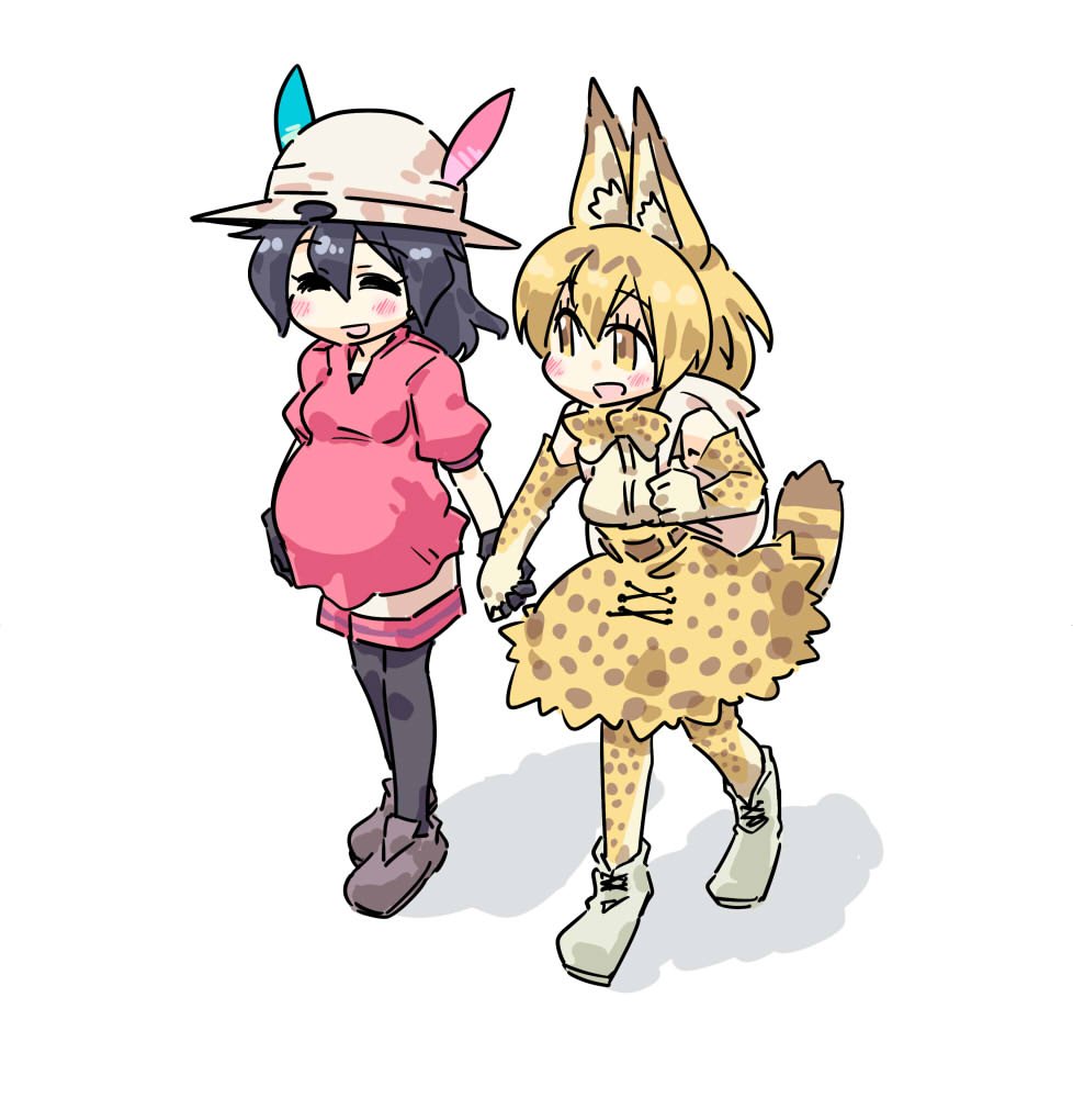:d ^_^ animal_ears backpack bag bow bowtie closed_eyes commentary_request elbow_gloves gloves happy hat hat_feather helmet high-waist_skirt holding_hands ips_cells kaban_(kemono_friends) kemono_friends multiple_girls open_mouth pantyhose pith_helmet pregnant print_gloves print_neckwear print_skirt red_shirt seki_(red_shine) serval_(kemono_friends) serval_ears serval_print serval_tail shirt skirt sleeveless sleeveless_shirt smile striped_tail tail yuri