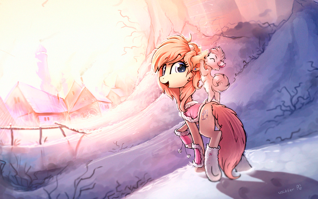 canine cutie_mark day detailed_background digital_media_(artwork) dog duo eyelashes fan_character feral mammal my_little_pony outside ramiras sky smile snow standing tan_hair