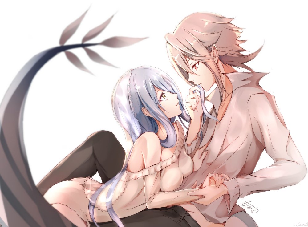 1girl anklet aqua_(fire_emblem_if) ass atoatto blue_hair couple dragon_tail fingerless_gloves fire_emblem fire_emblem_if gloves hair_between_eyes hetero jewelry long_hair male_my_unit_(fire_emblem_if) mamkute my_unit_(fire_emblem_if) pointy_ears red_eyes shirt smile tail veil very_long_hair white_background white_hair yellow_eyes