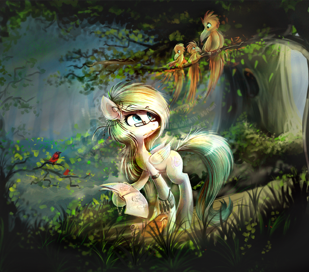 avian bird cutie_mark day detailed_background digital_media_(artwork) equine eyewear fan_character feral glasses green_eyes green_hair hair hooves mammal my_little_pony outside pegasus ramiras wings