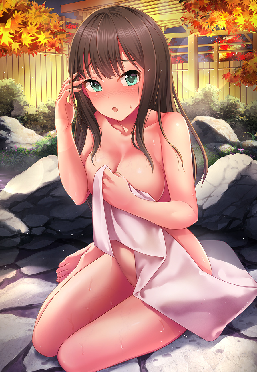:o barefoot blush breasts brown_hair cleavage commentary_request covering green_eyes highres idolmaster idolmaster_cinderella_girls kazu lens_flare long_hair looking_at_viewer medium_breasts nude_cover onsen rock shibuya_rin towel