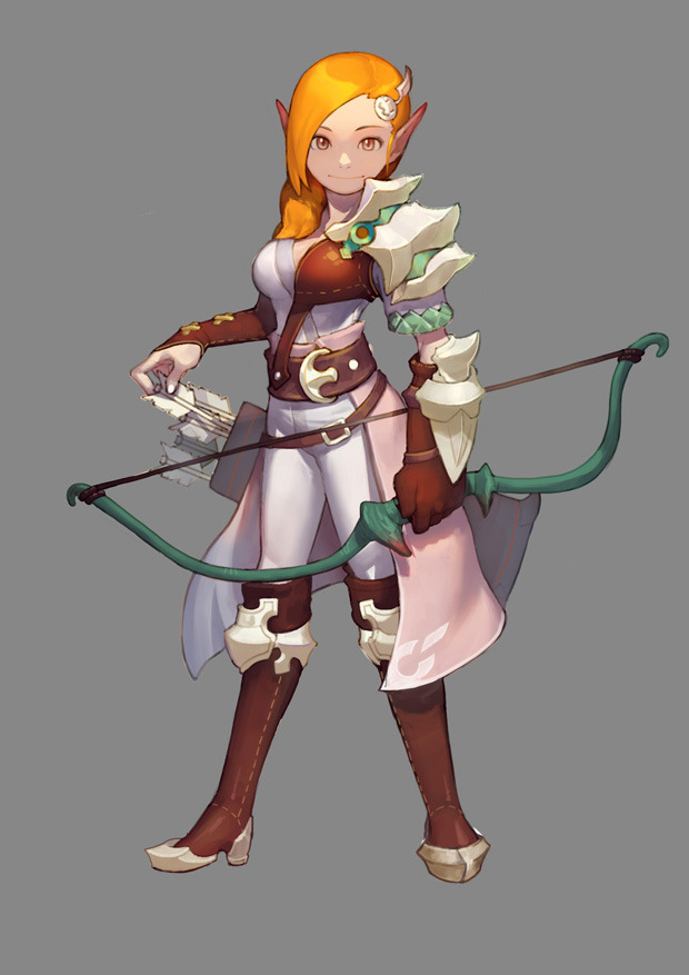 armor arrow asymmetrical_clothes belt boots bow_(weapon) brown_eyes elf gloves grey_background hair_ornament high_heels knee_boots l.wolf long_hair orange_hair original pointy_ears quiver simple_background single_bridal_gauntlet single_glove solo waist_cape weapon