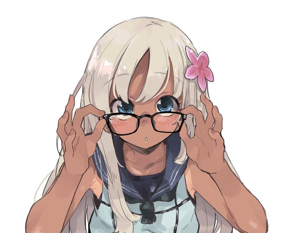 :o blonde_hair blue_eyes blush crop_top eyebrows_visible_through_hair flower glasses hair_flower hair_ornament kantai_collection long_hair looking_at_viewer one-piece_swimsuit one-piece_tan open_mouth ro-500_(kantai_collection) school_swimsuit simple_background swimsuit swimsuit_under_clothes tan tanline wataro_(watawatawatapon)