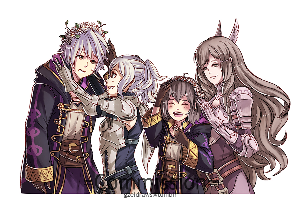 3girls armor breastplate brown_hair closed_eyes cynthia family fire_emblem fire_emblem:_kakusei grey_hair grin gzei head_wreath male_my_unit_(fire_emblem:_kakusei) mark_(female)_(fire_emblem) mark_(fire_emblem) multiple_girls my_unit_(fire_emblem:_kakusei) pauldrons simple_background smile sumia white_background
