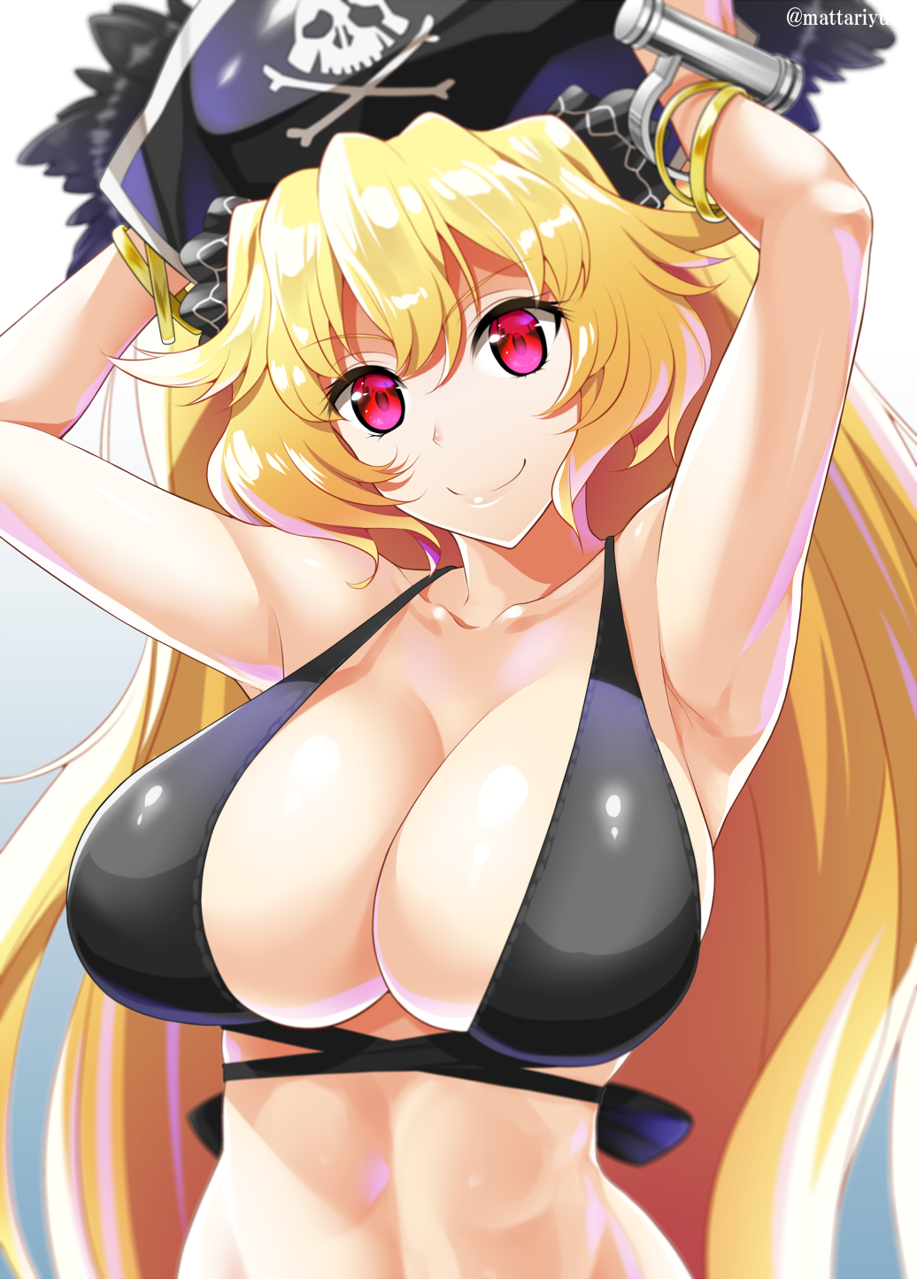 anne_bonny_(fate/grand_order) anne_bonny_(swimsuit_archer)_(fate) armpits black_bikini_top black_hat blonde_hair bracelet breasts commentary_request fate/grand_order fate_(series) hat highres jewelry large_breasts long_hair looking_at_viewer mattari_yufi pink_eyes pirate_hat red_eyes simple_background skull_and_crossbones smile solo strap_gap swimsuit twintails twitter_username white_background