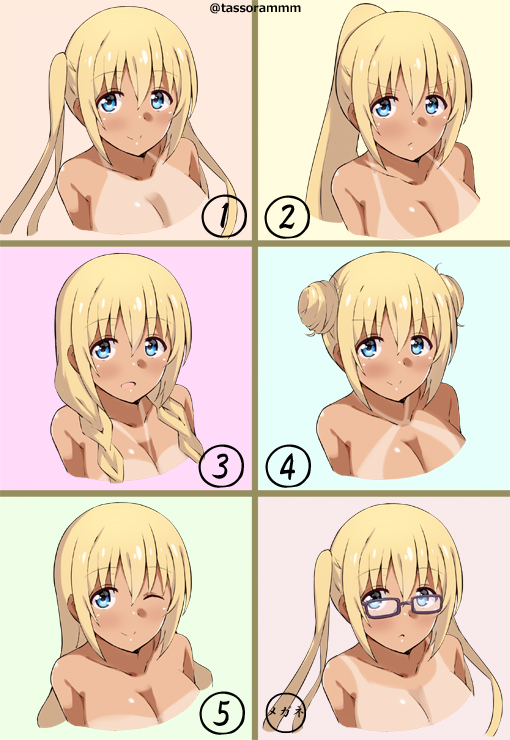 :c ;) alternate_hairstyle bangs banned_artist bespectacled blend_s blonde_hair blue_eyes blush braid breasts cleavage closed_mouth collarbone commentary_request double_bun eyebrows_visible_through_hair glasses hair_between_eyes high_ponytail hinata_kaho large_breasts long_hair looking_at_viewer low_twintails multiple_views nude one_eye_closed parted_lips ponytail profile purple-framed_eyewear sidelocks smile tan tanline tasora twin_braids twintails twitter_username v-shaped_eyebrows variations