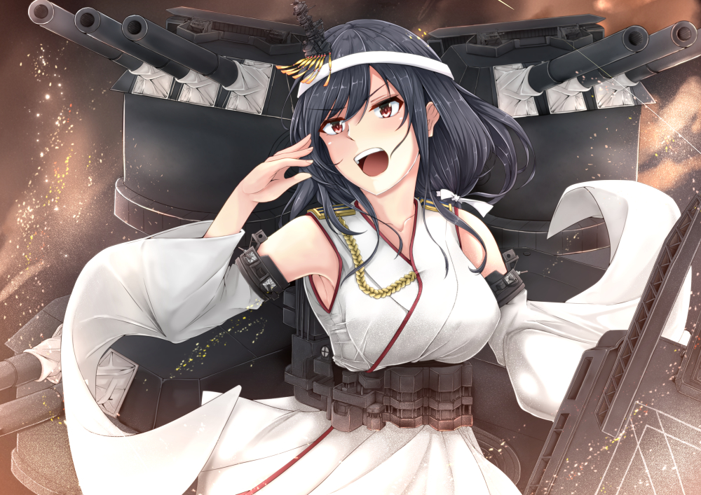 bare_shoulders black_hair cannon detached_sleeves hair_ornament headband japanese_clothes kantai_collection nontraditional_miko red_eyes remodel_(kantai_collection) rigging shohei_(piranha5hk) short_hair solo turret wide_sleeves yamashiro_(kantai_collection)