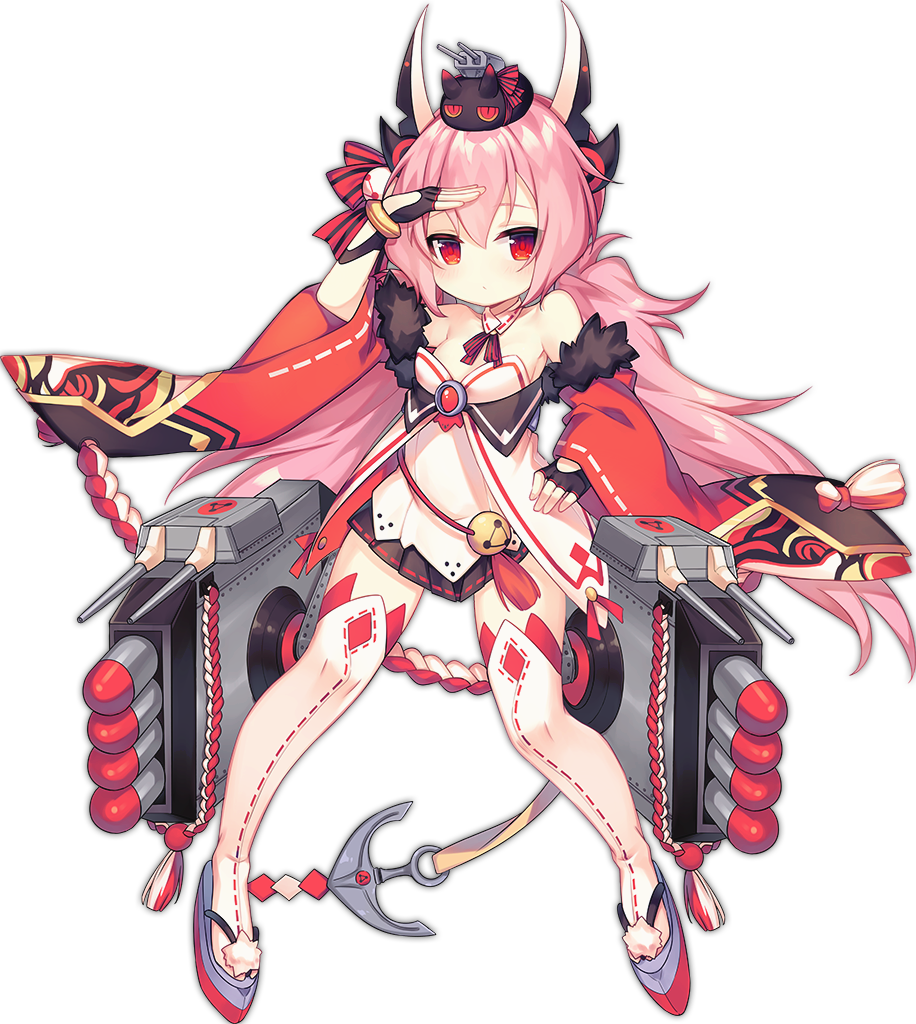1girl artist_request azur_lane blush breasts cannons collarbone detached_sleeves fingerless_gloves gloves hair_ornament hamakaze_(azur_lane) horns japanese_clothes official_art pink_hair red_eyes remodel_(azur_lane) salute shoes small_breasts solo torpedo_tubes transparent_background