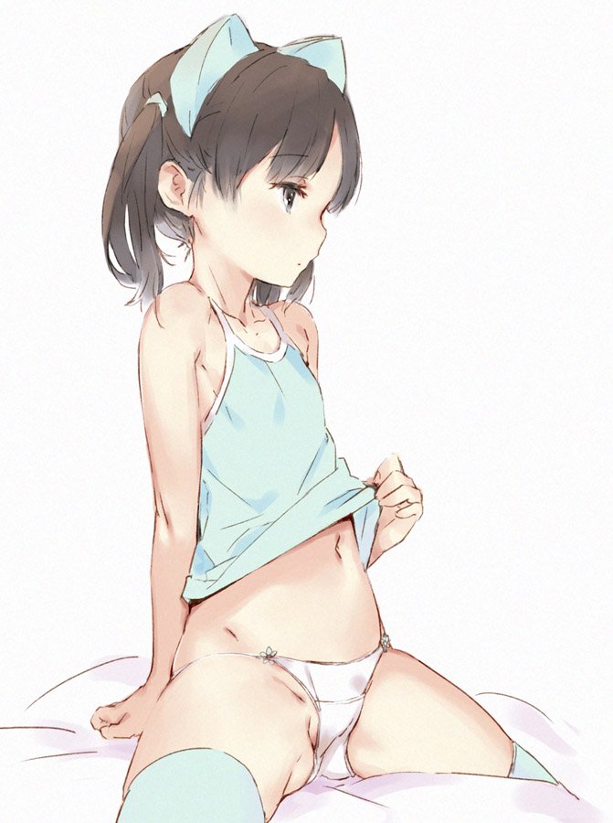 animal_ears arm_support bad_id bad_twitter_id blue_legwear brown_hair camisole cat_ears eyebrows_visible_through_hair fake_animal_ears flat_chest kawata_hisashi looking_away midriff navel no_pants original panties profile shirt_lift short_twintails sitting solo string_panties thighhighs twintails underwear white_panties