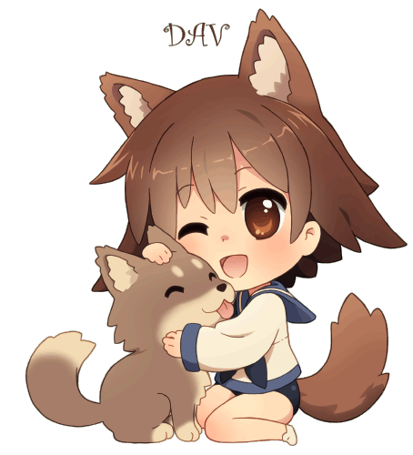 alpha_channel animal_humanoid animated brown_eyes brown_hair canine chibi clothed clothing dav-19 dog dog_humanoid duo feral hair hug humanoid mammal simple_background strike_witches tailwag transparent_background wagging