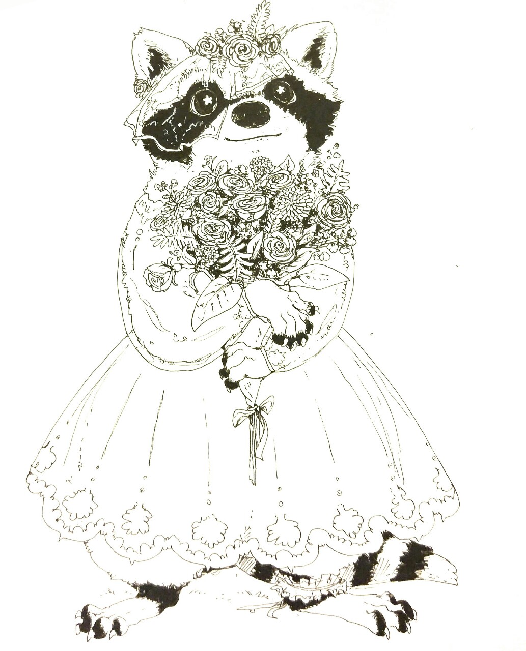 2016 anthro bouquet bride claws clothing cute dress female flower goat-soap mammal monochrome plant plantigrade procyonid raccoon ribbons rose solo standing starry_eyed veil wedding_dress