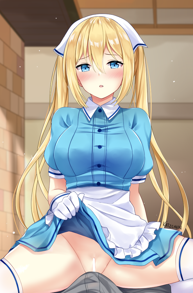 1girl apron artist_name blend_s blonde_hair blue_eyes blush breasts cameltoe censored erection erection_under_clothes gloves hair_between_eyes head_scarf hinata_kaho indoors kaetzchen large_breasts lifted_by_self long_hair no_panties panties parted_lips pov short_sleeves skirt skirt_lift solo_focus spread_legs stile_uniform thighhighs triangle_mouth twintails underwear waist_apron waitress white_gloves white_legwear white_panties