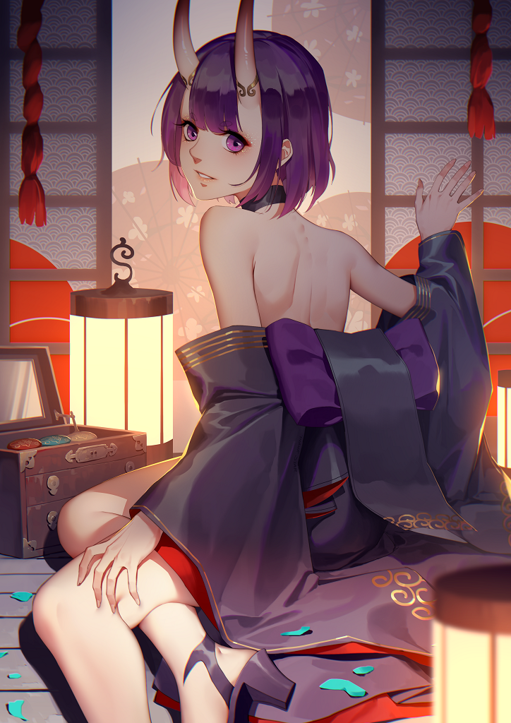 back bare_shoulders black_neckwear bob_cut choker daye_bie_qia_lian eyebrows_visible_through_hair fate/grand_order fate_(series) from_behind horns japanese_clothes looking_at_viewer looking_back oni oni_horns pale_skin purple_eyes purple_hair short_hair shuten_douji_(fate/grand_order) sitting solo wide_sleeves