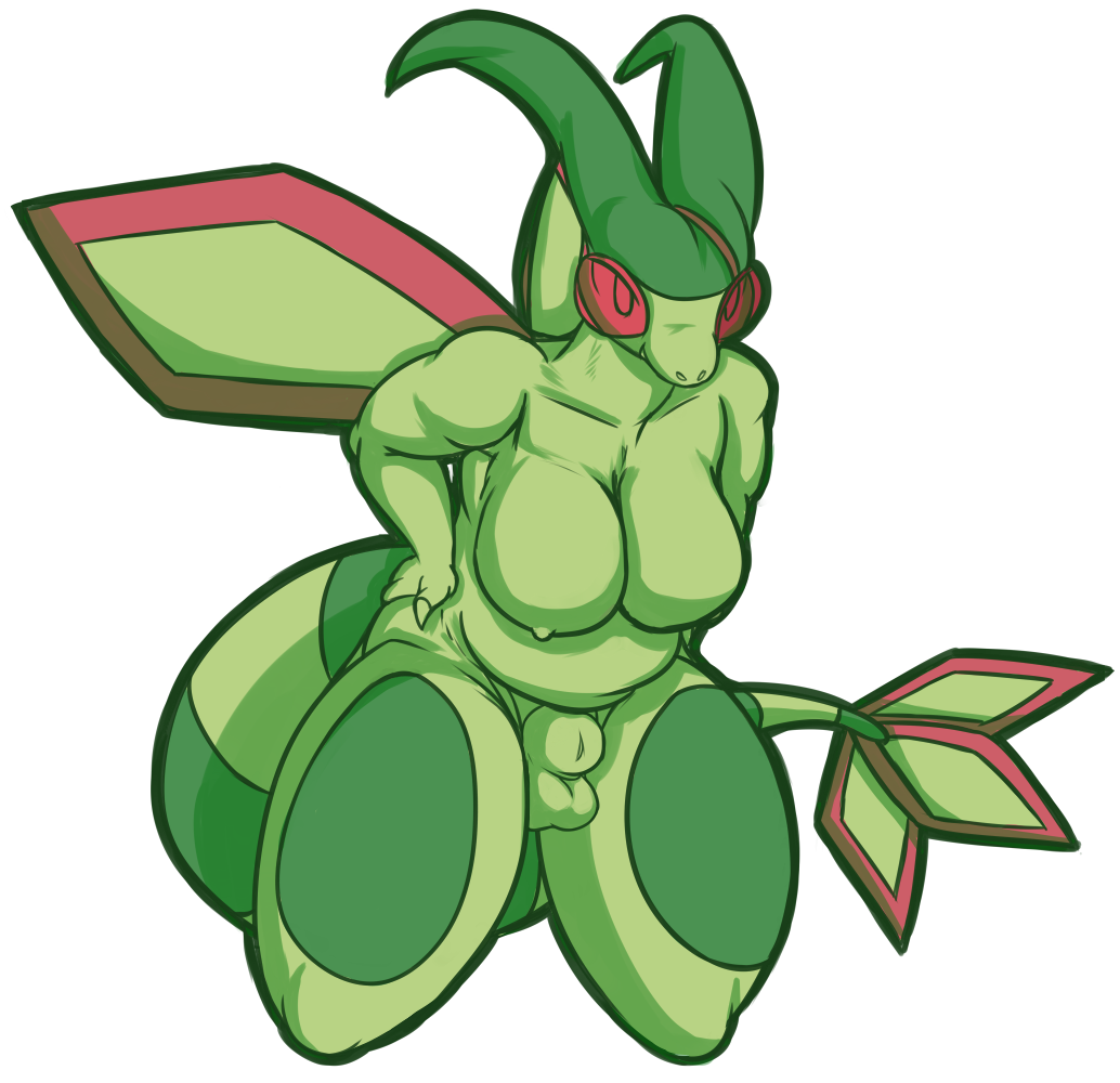 animal_genitalia anthro balls belly breasts dickgirl flygon front_view fully_sheathed girtrude_clax green_skin hands_on_hips horn intersex kneeling nintendo nipples nude pok&eacute;mon pok&eacute;mon_(species) red_eyes scalie sheath simple_background solo thestrider video_games white_background wings