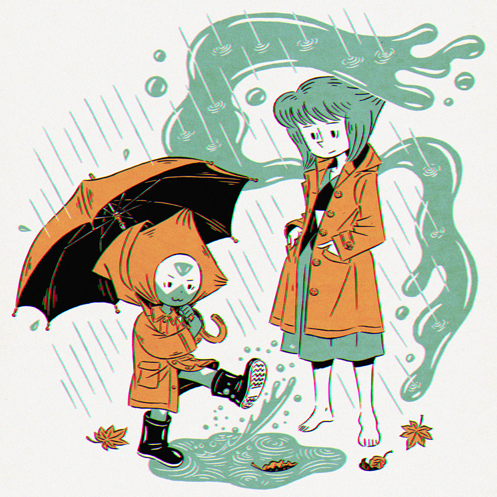 :3 :| autumn_leaves barefoot boots chromatic_aberration closed_mouth commentary_request dot_nose dress forehead_jewel hands_in_pockets height_difference holding holding_umbrella hood hooded_jacket jacket kicking lapis_lazuli_(steven_universe) leaf multiple_girls multiple_monochrome peridot_(steven_universe) rain raincoat rubber_boots short_hair smile splashing steven_universe tajima_naoto traditional_media umbrella unamused water wings