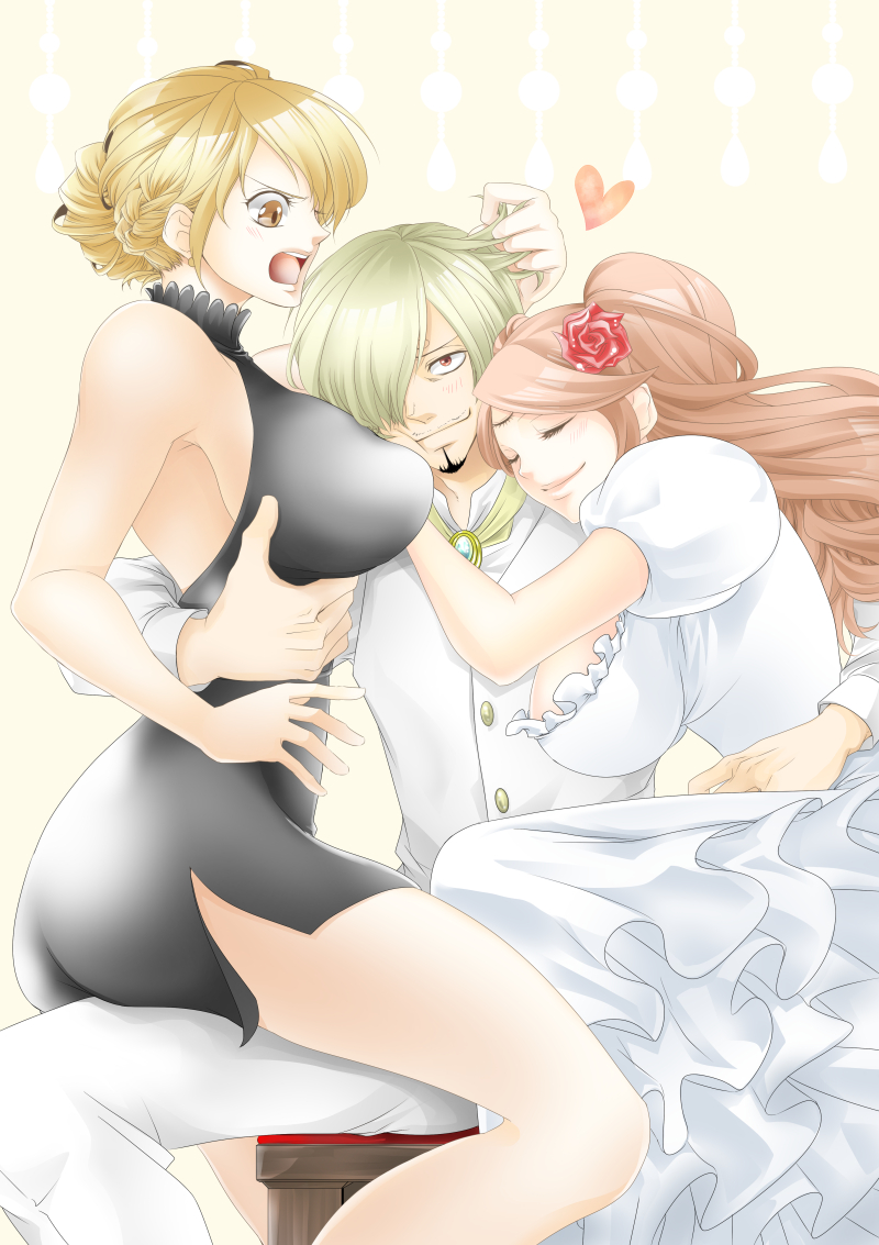 1boy 2girls angry bare_shoulders black_dress blonde_hair breast_smother breasts brown_eyes brown_hair charlotte_pudding chikaburo cleavage dress eyes_closed goatee green_hair hips large_breasts long_hair multiple_girls nami_(one_piece) one_piece open_mouth red_eyes sanji short_hair sideboob sitting smile thighs together wedding_dress